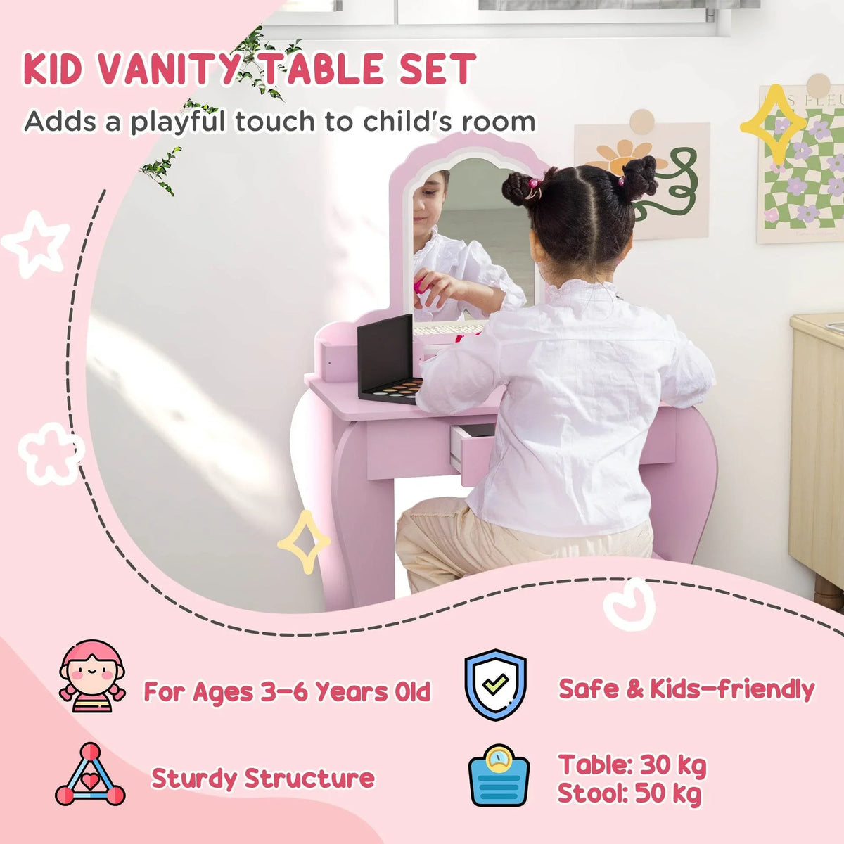 Pink cloud-shaped kids vanity table with mirror and storage shelf