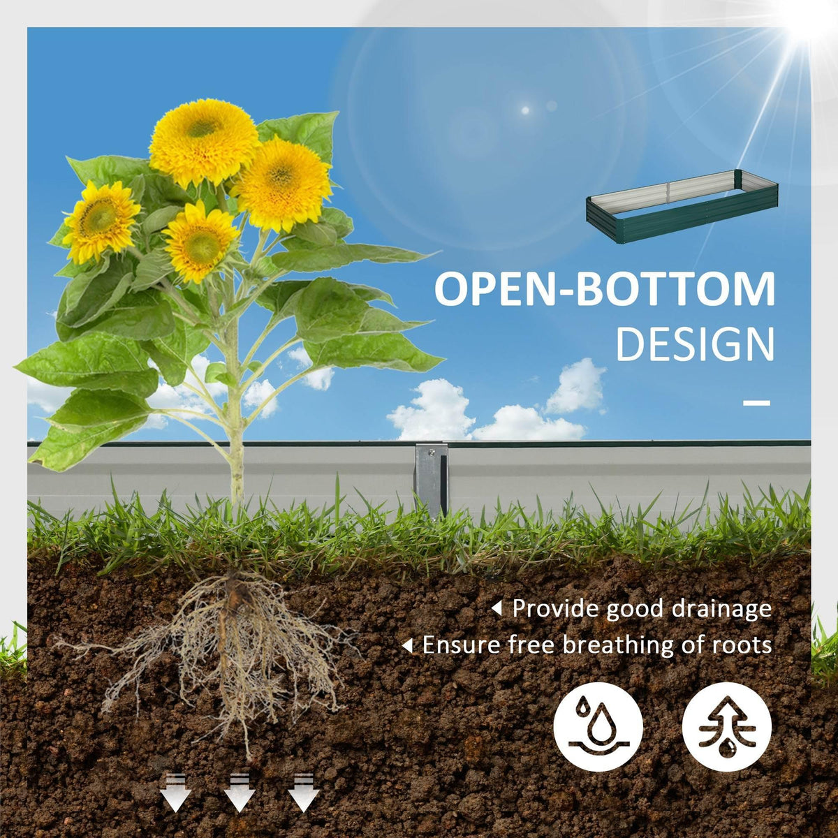 Raised garden bed planter with green frame above dark soil and small plant