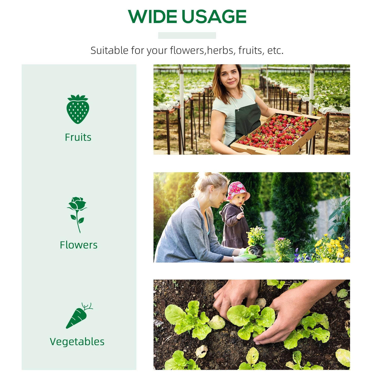 Green icons showing fruits, flowers, and vegetables for planting use