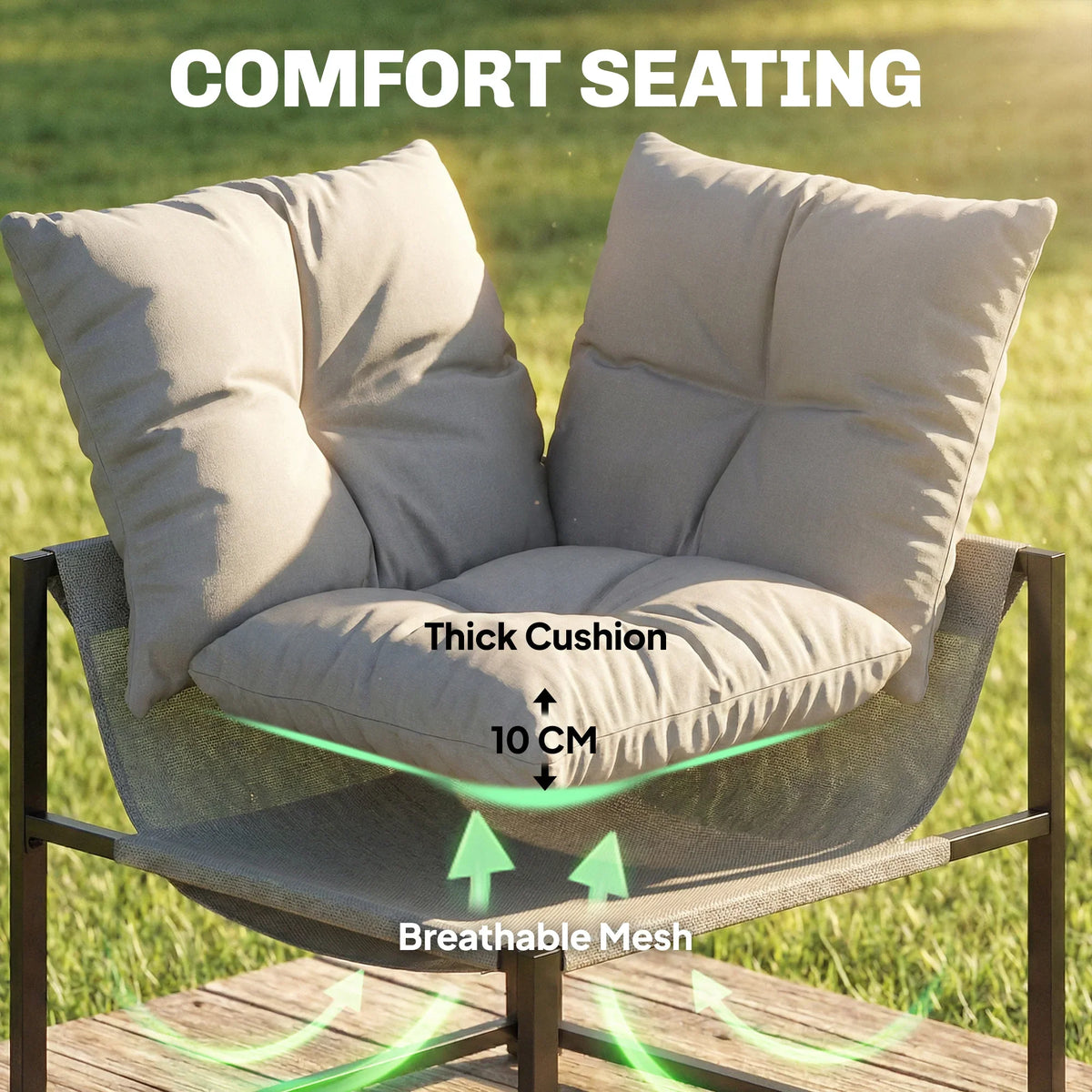 Grey thick-cushion outdoor seat with breathable mesh base on black frame