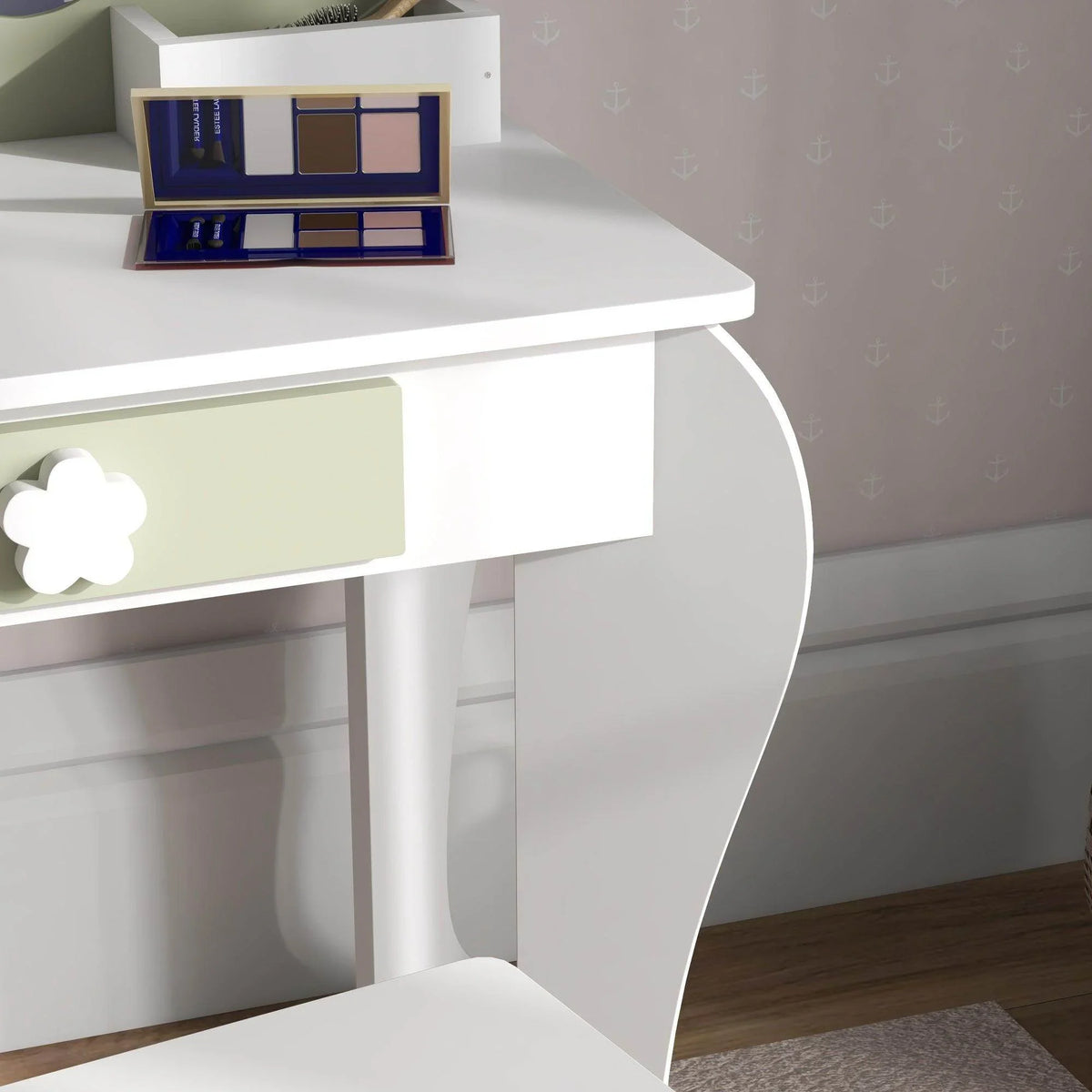 White kids vanity table with curved leg, tabletop tray, and lower drawer