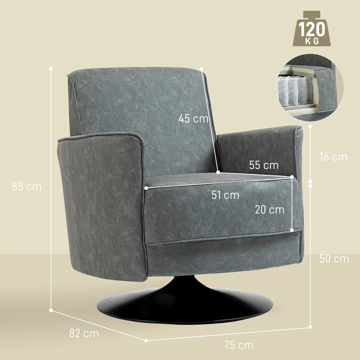 Grey upholstered swivel accent chair with padded seat, arms, and round black base