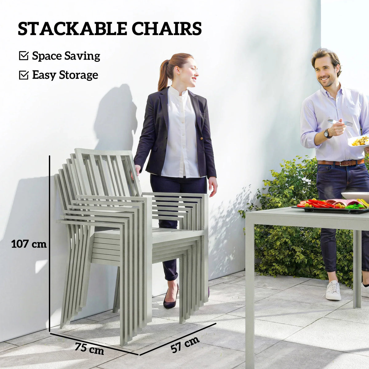 Light gray stackable outdoor dining chairs, slatted back and seat