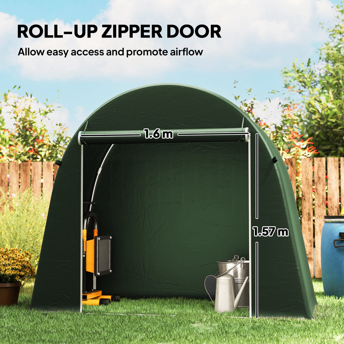 Green waterproof storage tent with roll-up zipper door and top support bar
