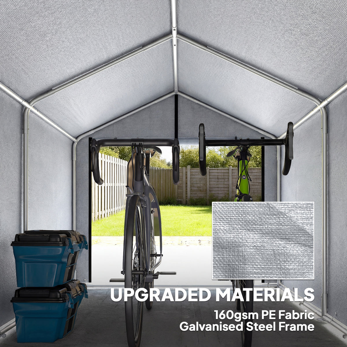 Waterproof garden shed interior with gray PE fabric walls and galvanized steel frame
