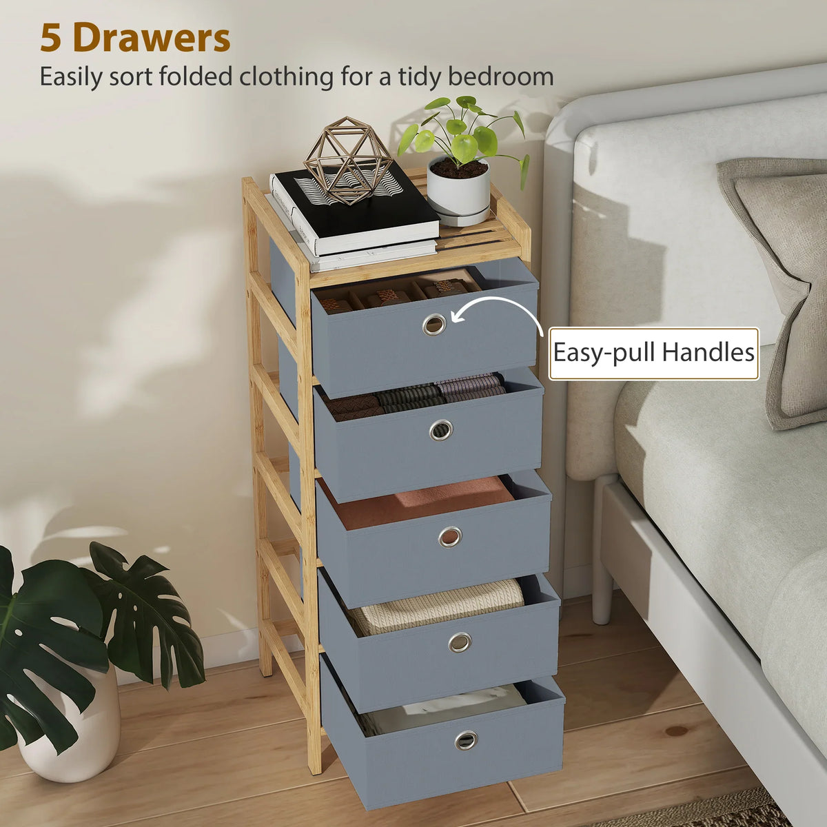 Narrow dresser with five grey fabric drawers, open top shelf and easy-pull handles