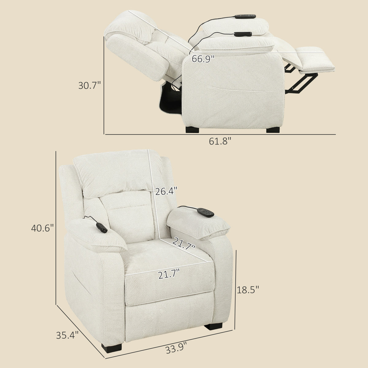 Cream power recliner armchair, side and reclined views with size measurements shown