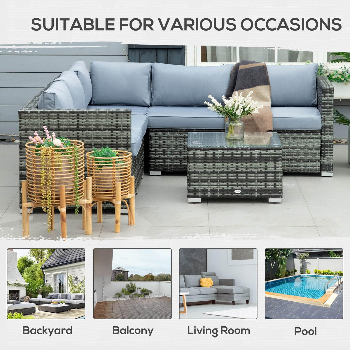 Grey outdoor rattan sofa set with cushions and glass coffee table arranged on patio