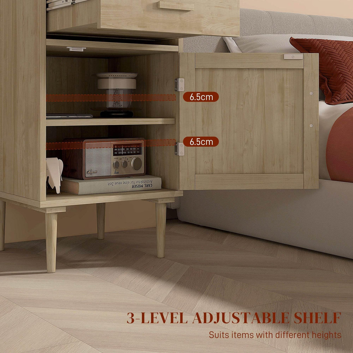 Light wood nightstand with adjustable three-level shelf behind rattan cabinet door