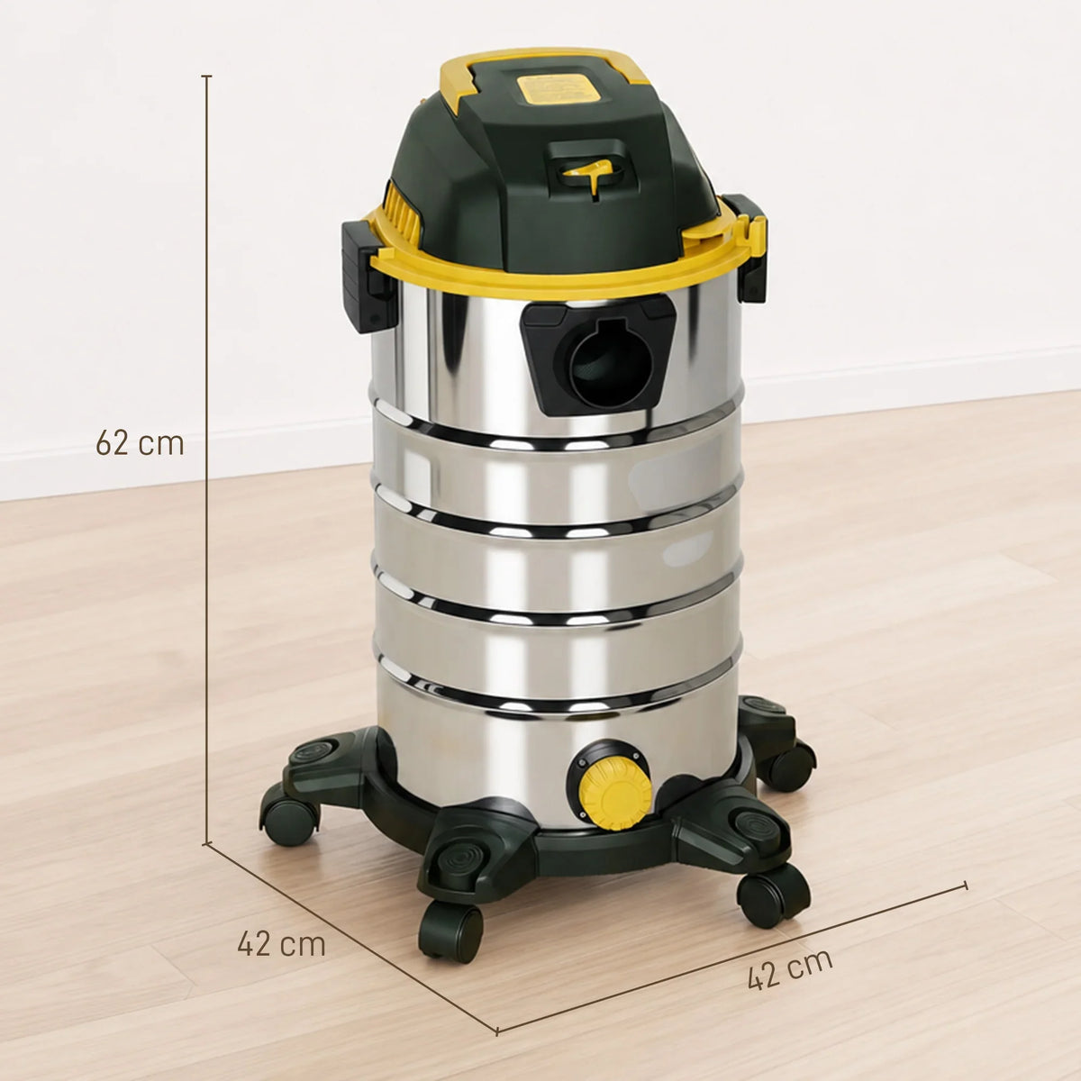 Wet and dry vacuum cleaner with stainless steel tank and nozzle on caster wheels