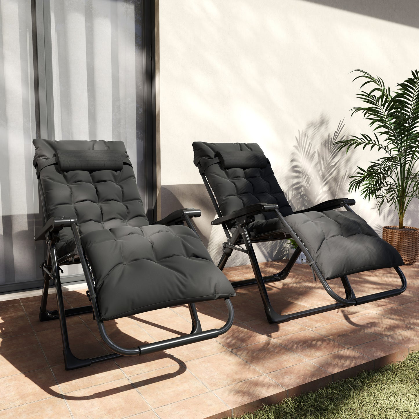 Outsunny 2 Piece Reclining Zero Gravity Sun Loungers With Cushions For Outdoor Patio Deck And Garden Black