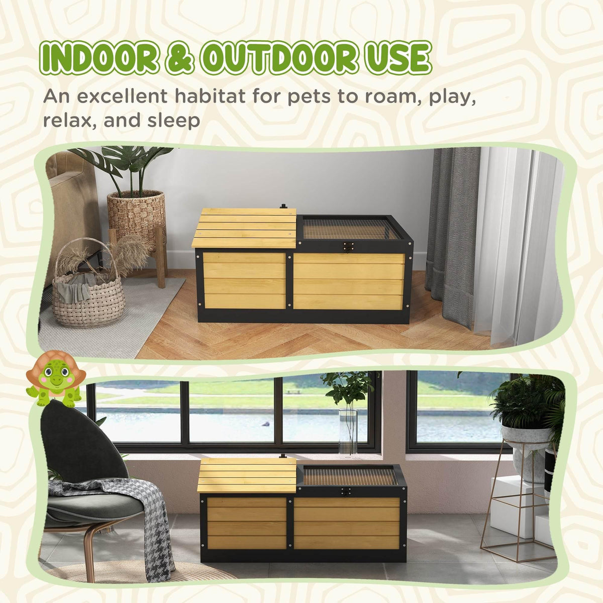 Indoor reptile habitat set in a room, featuring a yellow body and black wire-mesh section