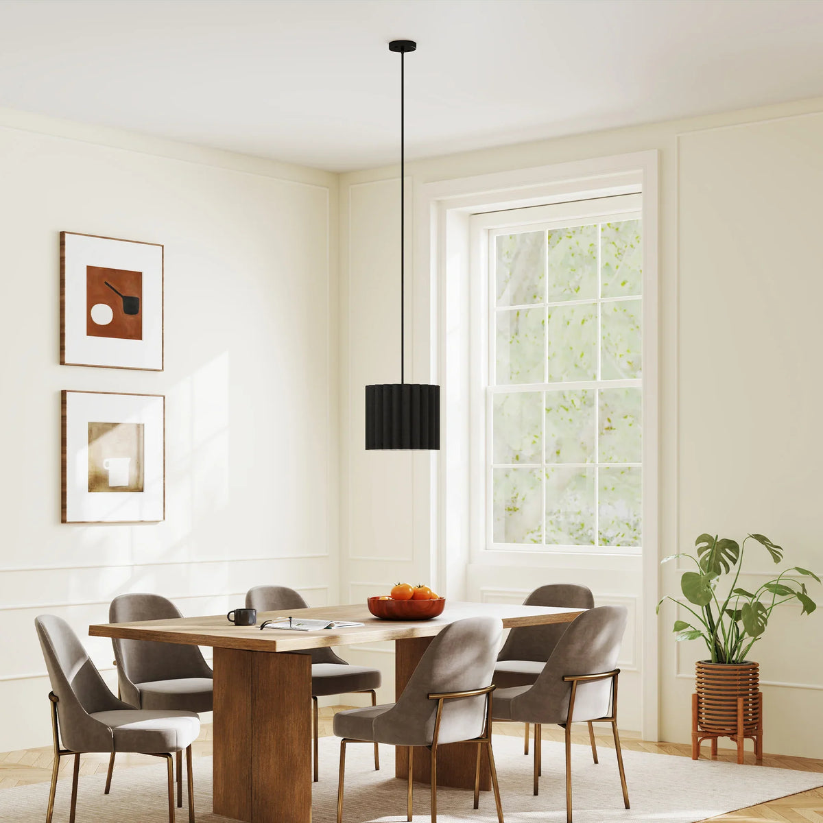 Black cylindrical ribbed pendant light with slim cord and round ceiling canopy