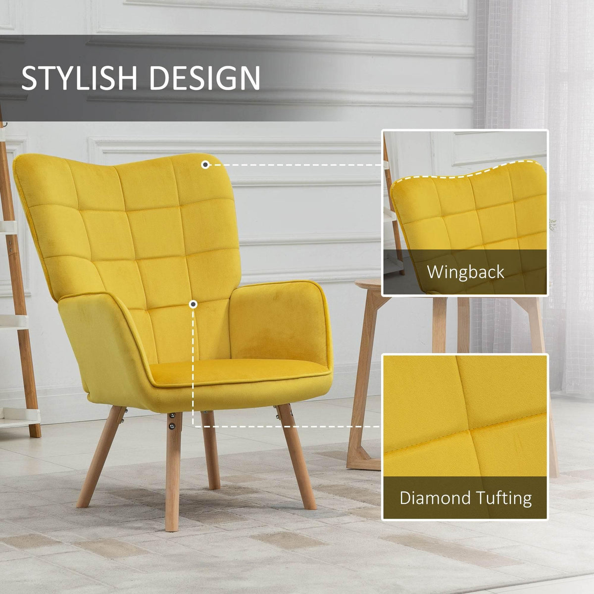 Yellow velvet wingback accent chair with diamond tufting and wooden legs