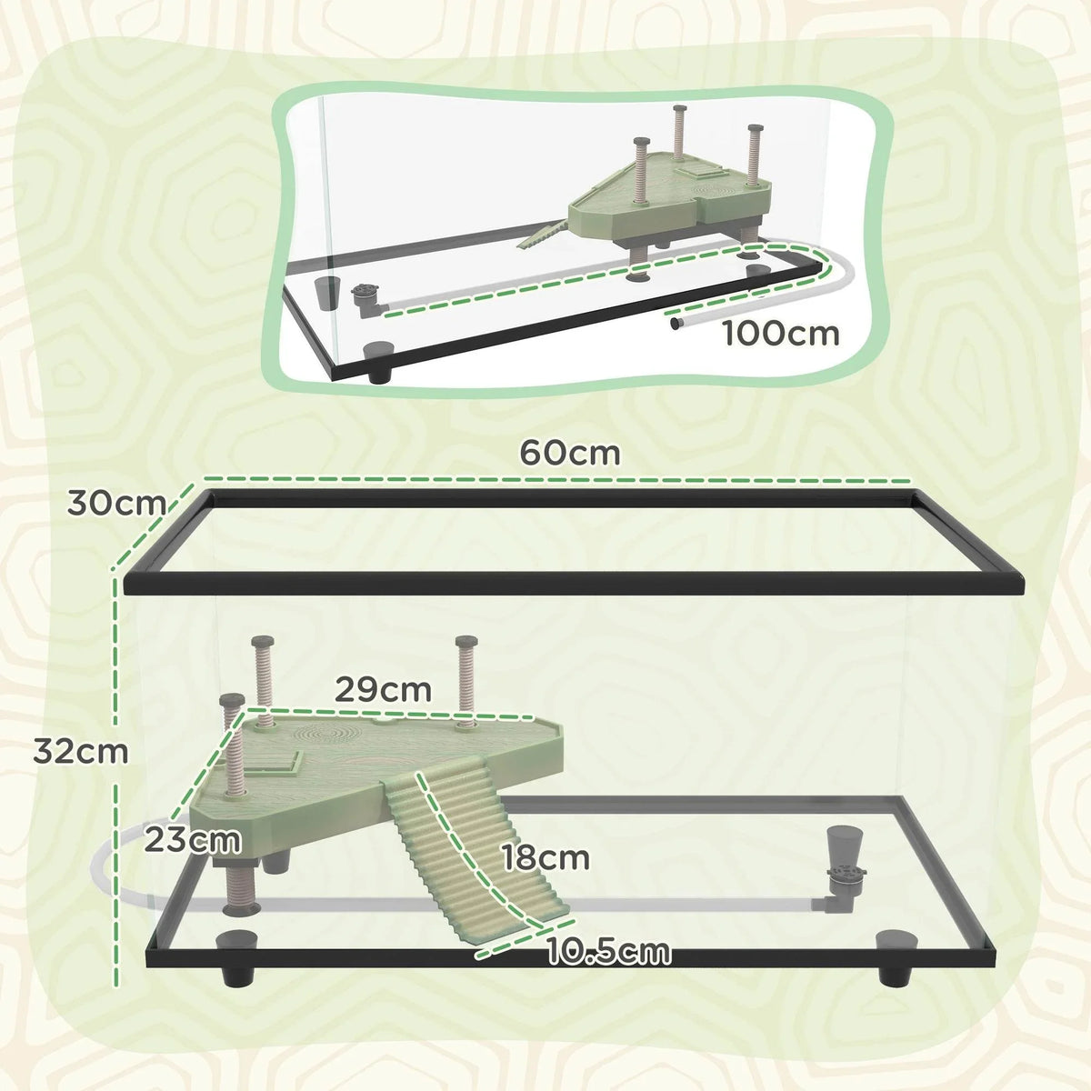 Glass turtle tank diagram showing basking platform ramp, suction cups and dimensions