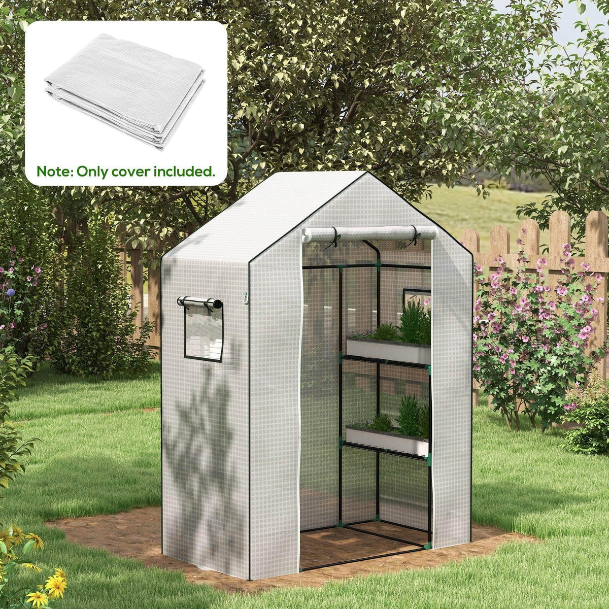 White PE greenhouse cover replacement with roll-up door and mesh window panels