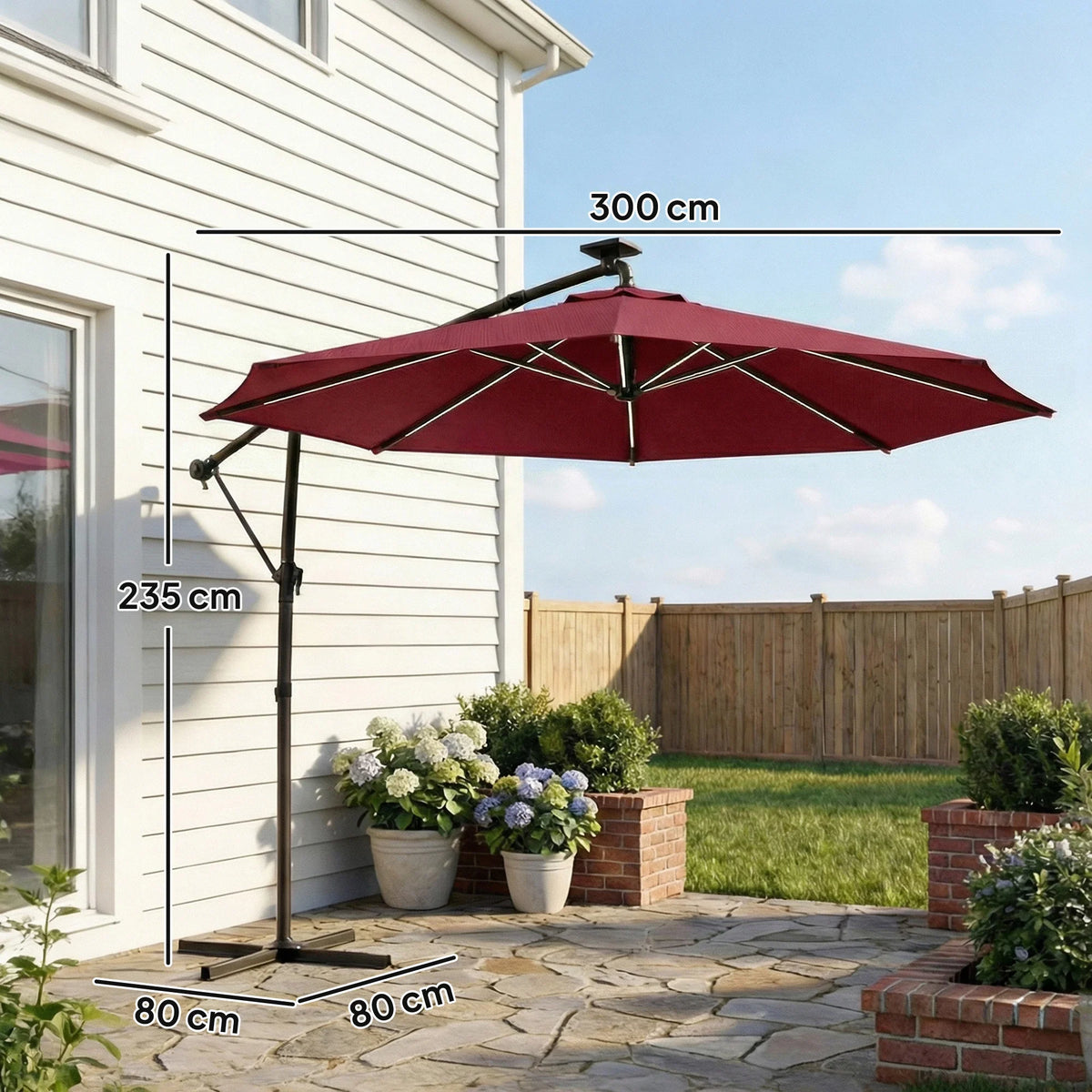 Wine-red cantilever parasol with cover, 300 cm span, 235 cm height, 80 cm base
