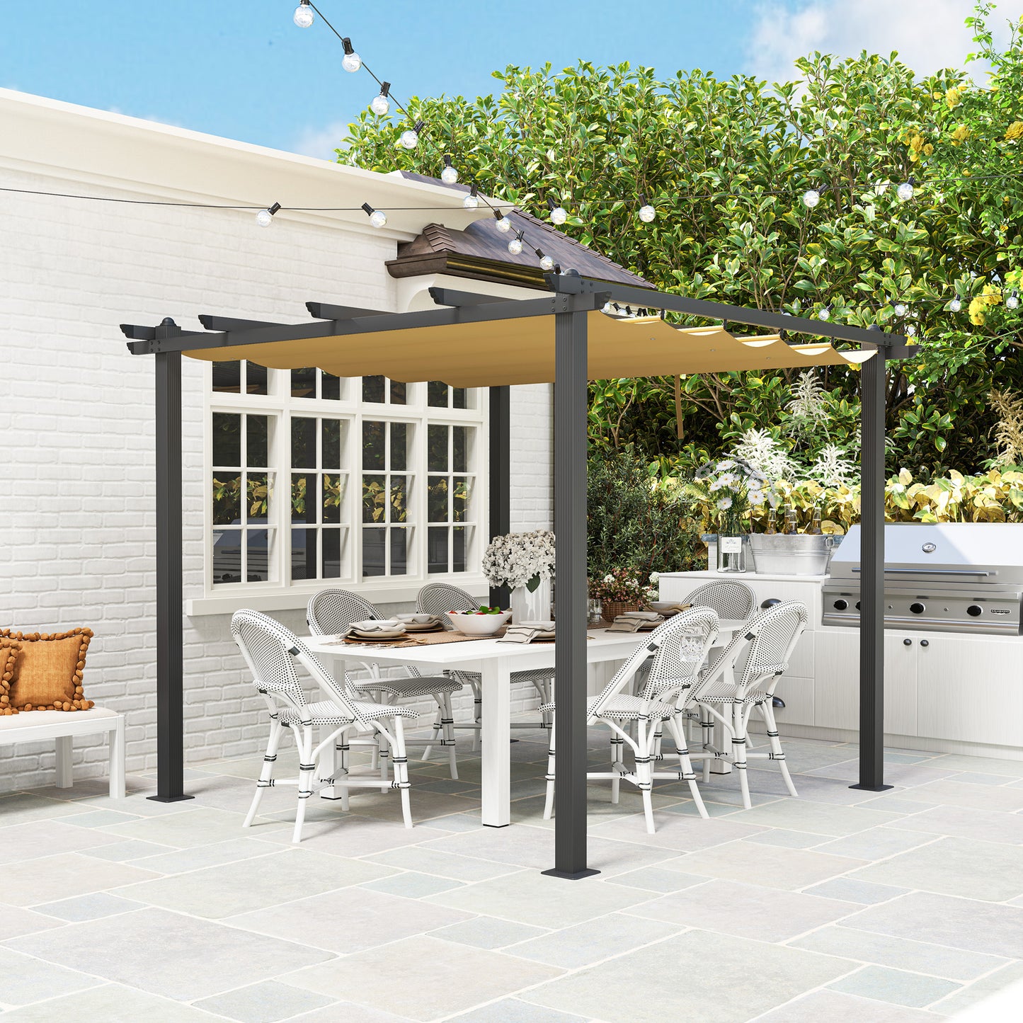 Outsunny 3x3m Aluminium Pergola With Retractable Roof Khaki For Outdoor Patio And Garden Space
