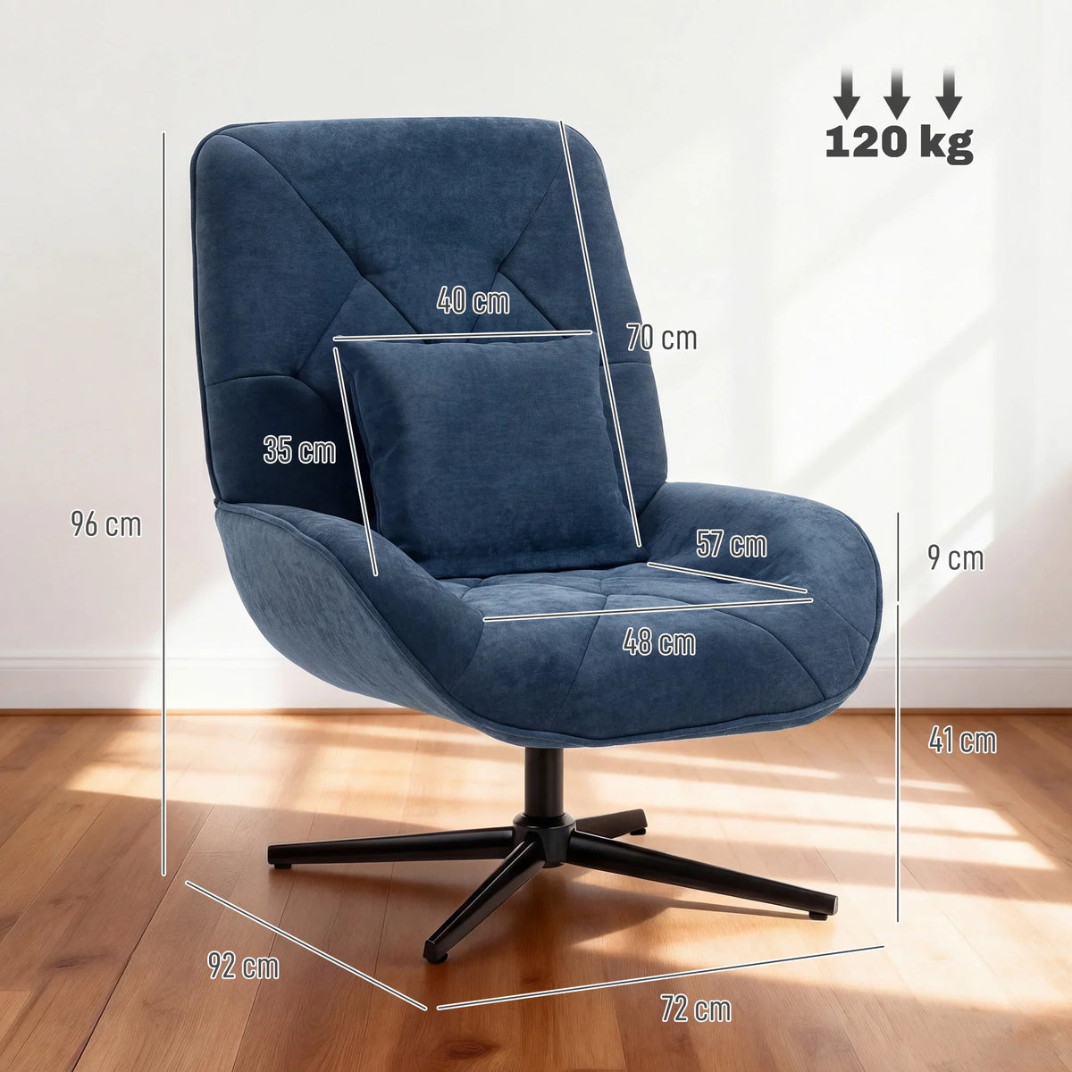 Dark blue chenille swivel armchair with black metal legs, front view