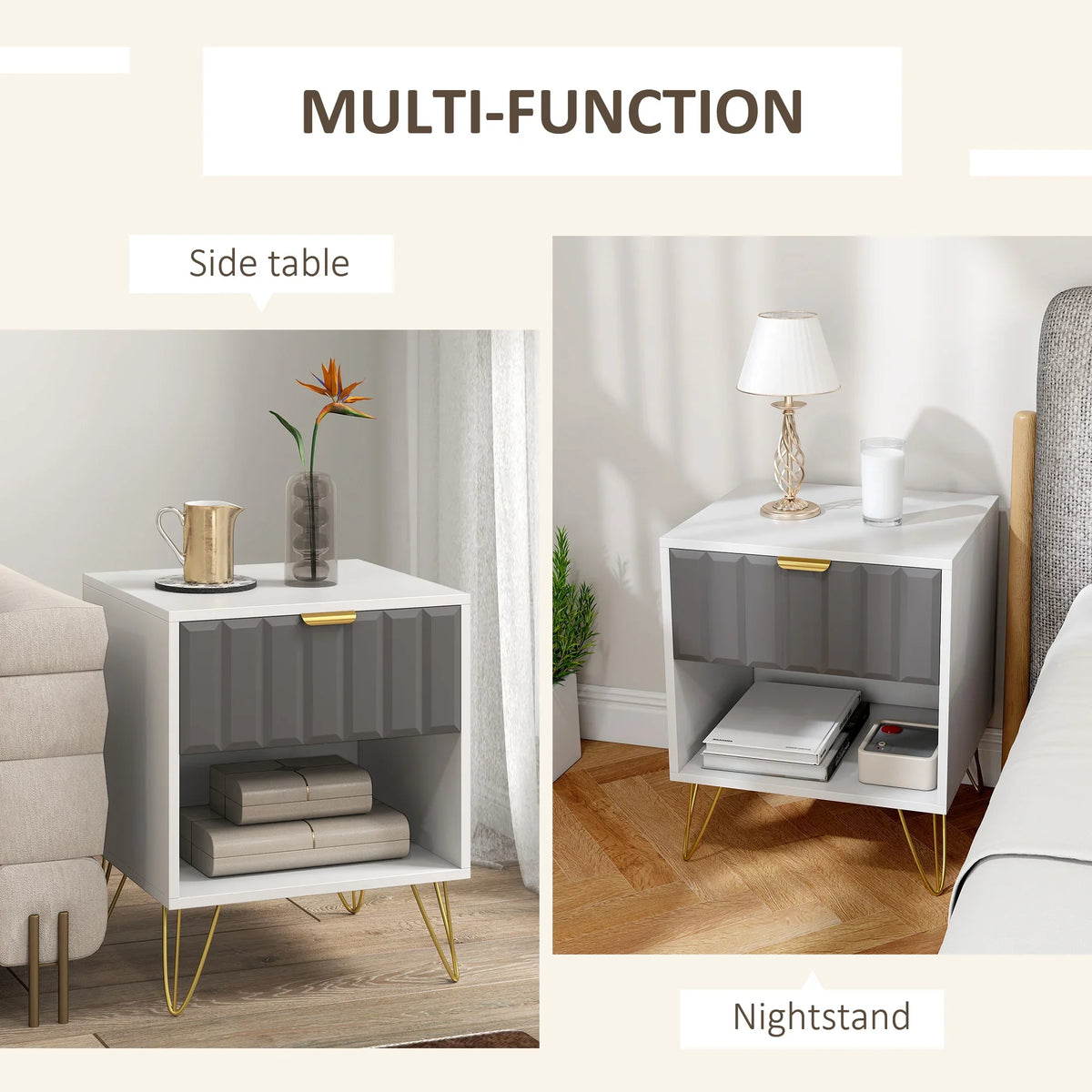 White nightstand with gray drawer fronts and open shelf, gold legs