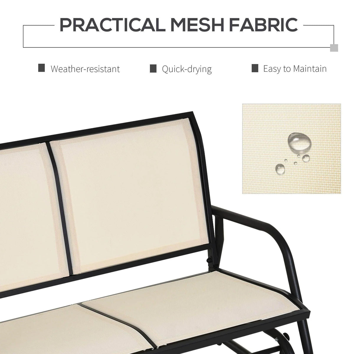 Beige mesh backrest and seat panels on a dark steel patio glider bench
