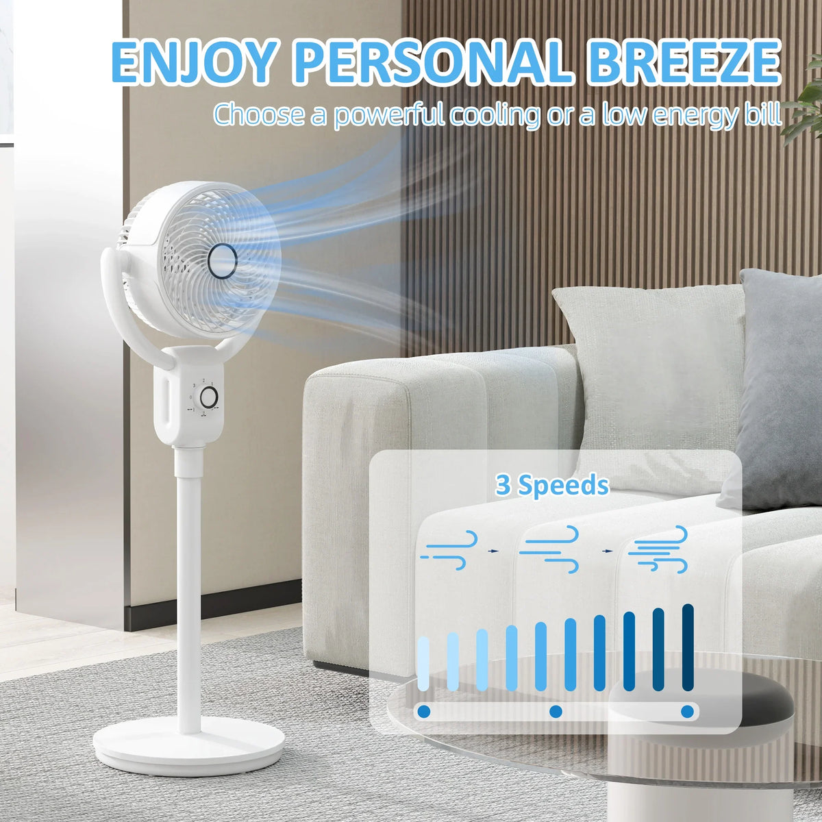 HOMCOM white pedestal fan with front grille and multi-speed airflow control