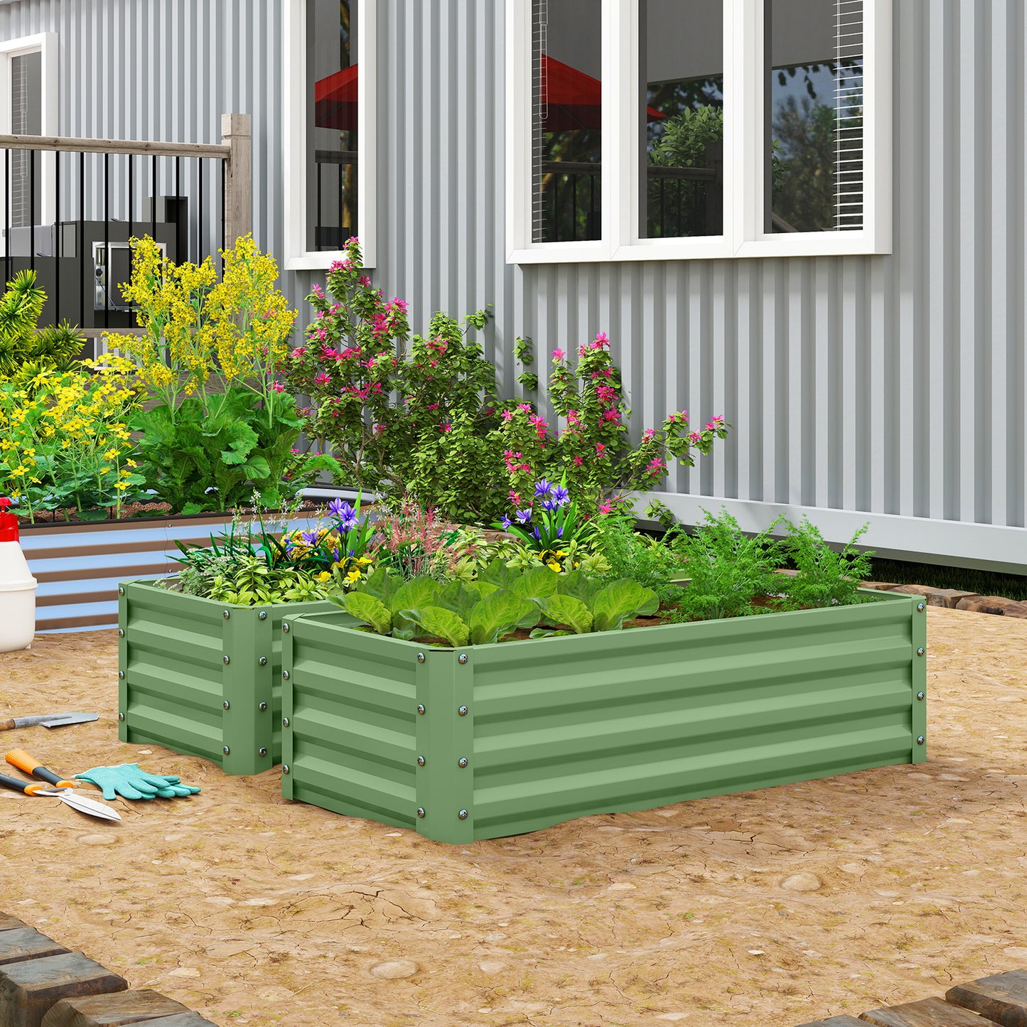 Outsunny Set Of Two 110 x 50 cm Galvanised Steel Planter Boxes Light Green For Gardens And Patios