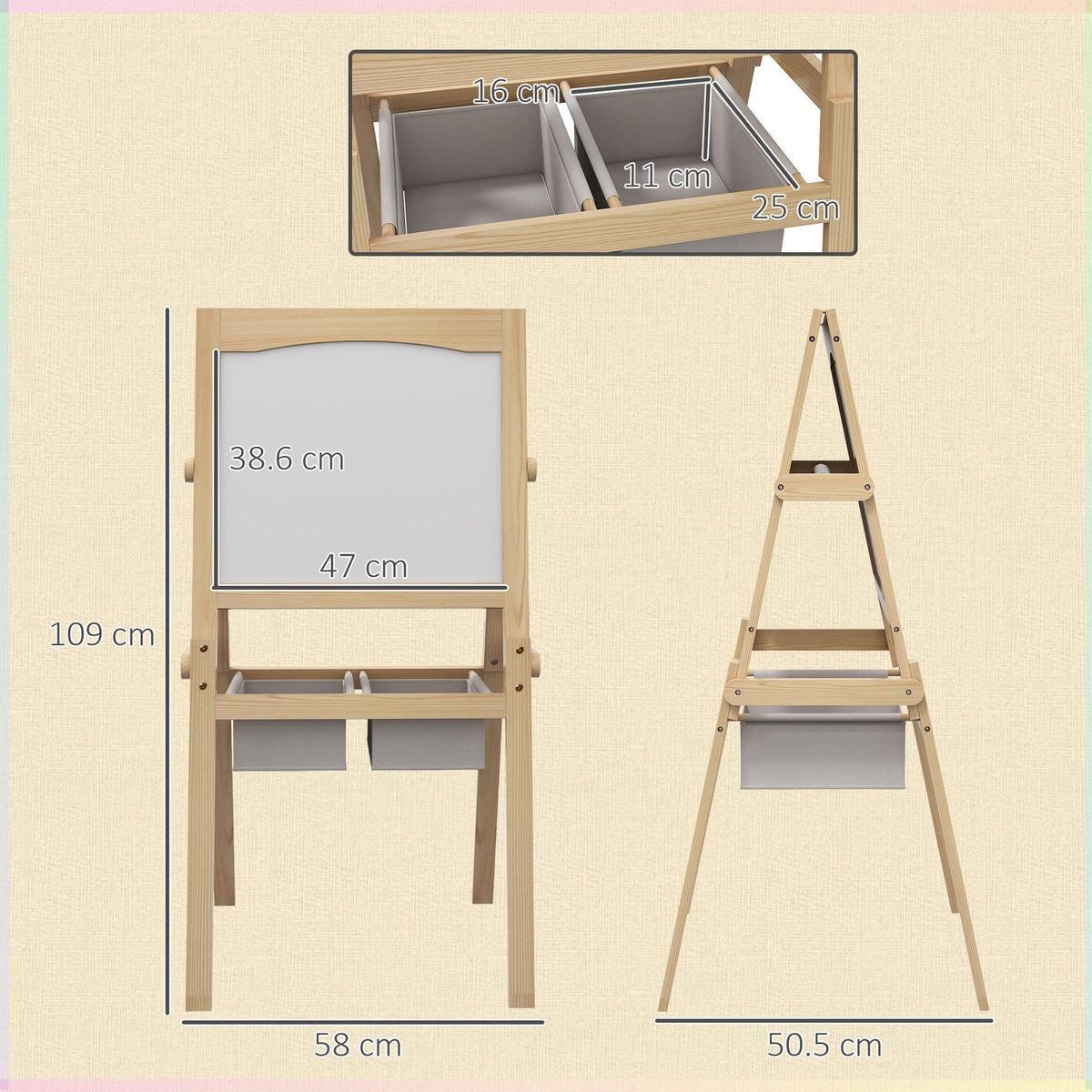 Kids wooden easel stand with chalkboard and whiteboard panels plus paper roll