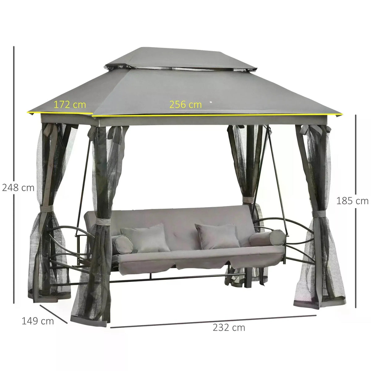 Grey swing bed with canopy and cushions, shown with product dimensions