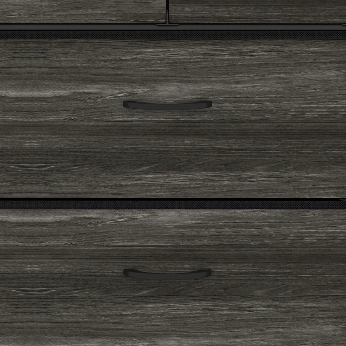 Grey wood-effect fabric drawer front with black handle, smooth storage panel