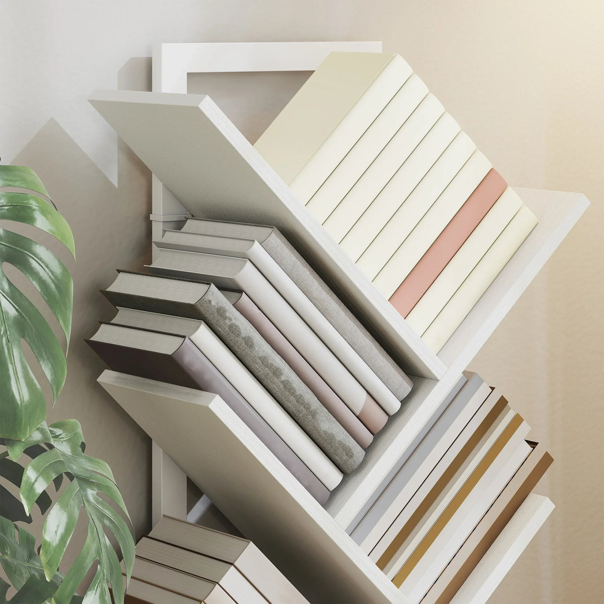 Close-up of white 9-tier tree bookshelf with staggered angled shelves and books