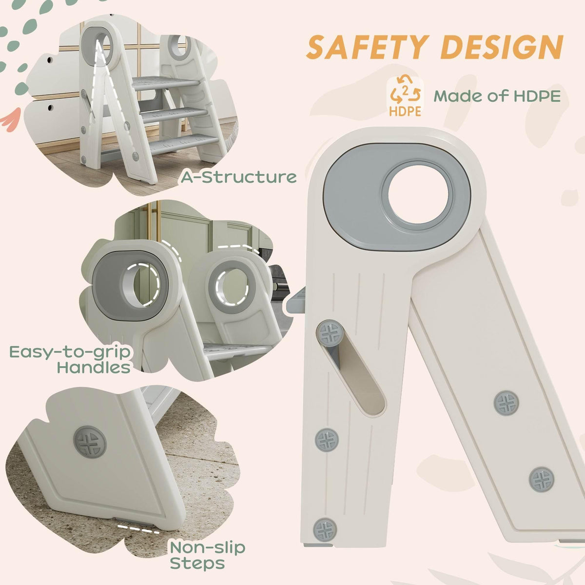 Safety toddler step stool with non-slip light gray steps and easy-grip side handles.