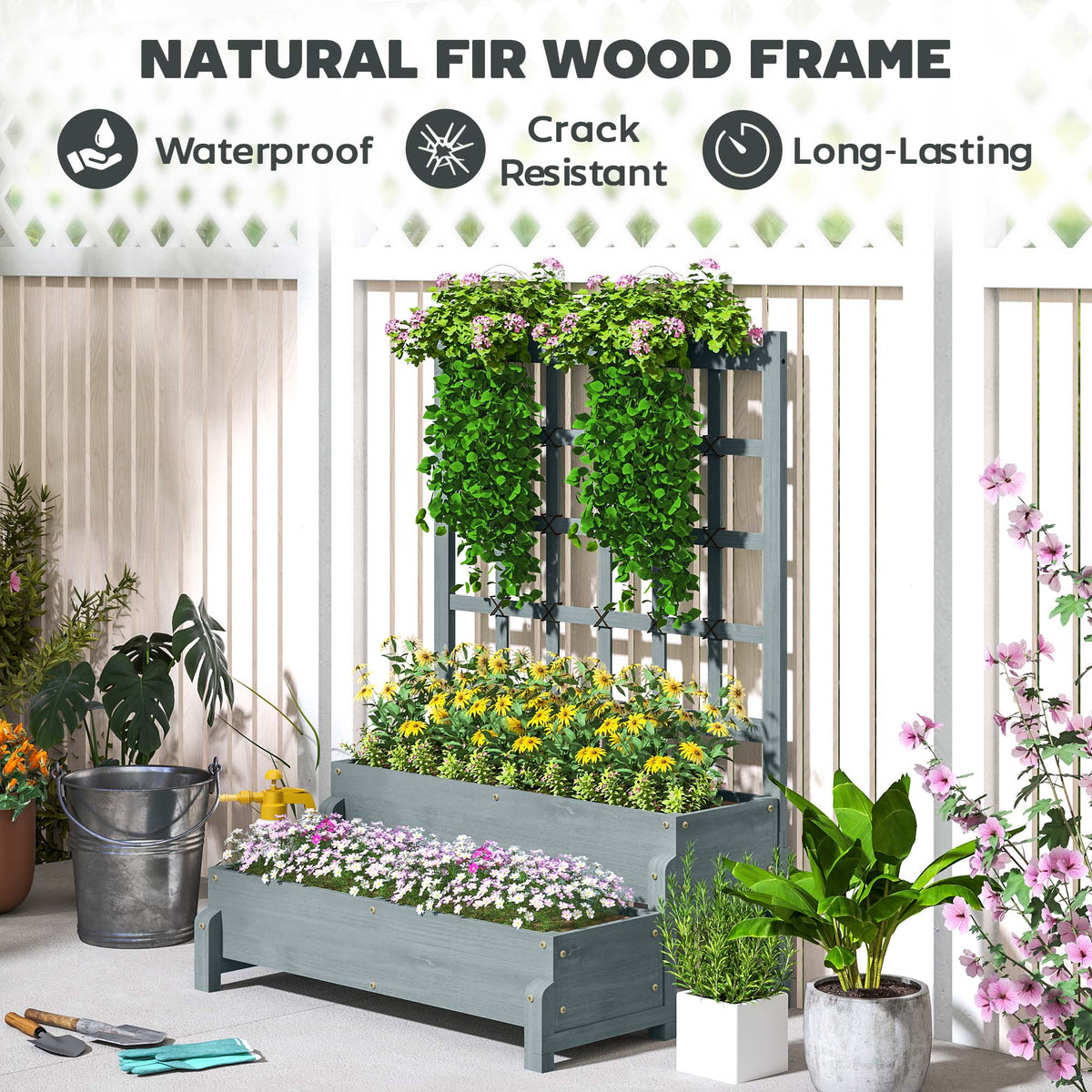 Grey wooden two-tier planter box with trellis, set with colorful flower pots