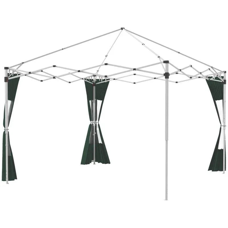 Green gazebo side panel curtains with hook-and-loop attachment straps