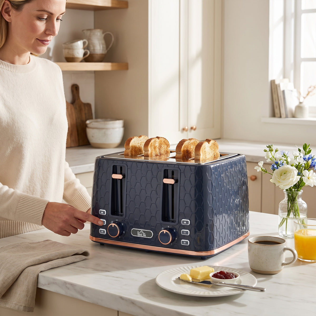 Homcom 4 Slice Toaster With 7 Browning Levels High Lift Center Dark Blue