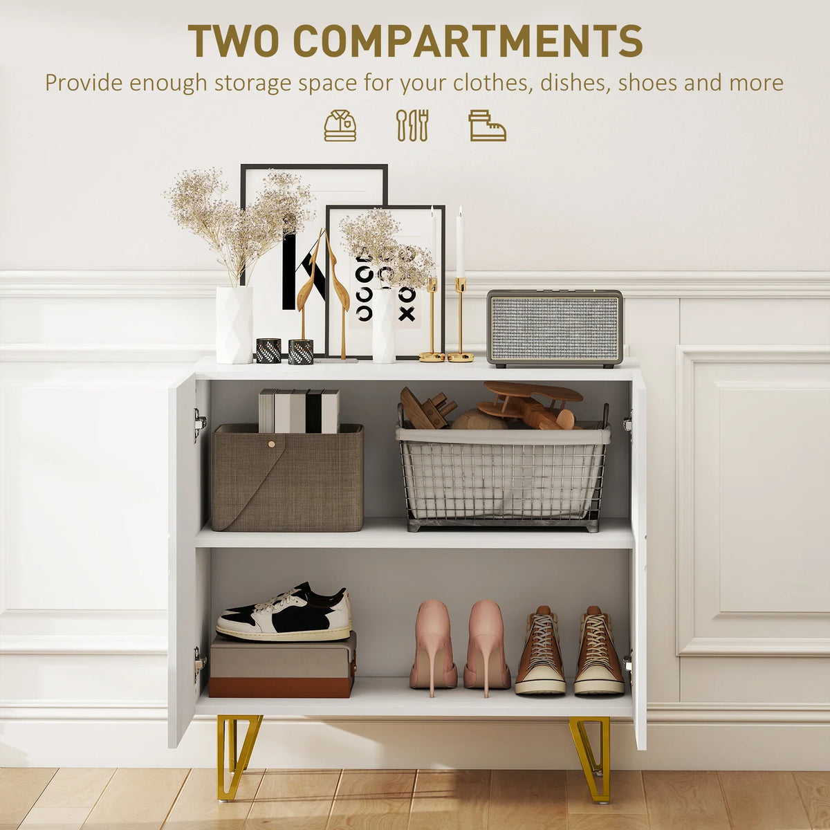 White sideboard with open shelves, two storage compartments, and gold hairpin legs.