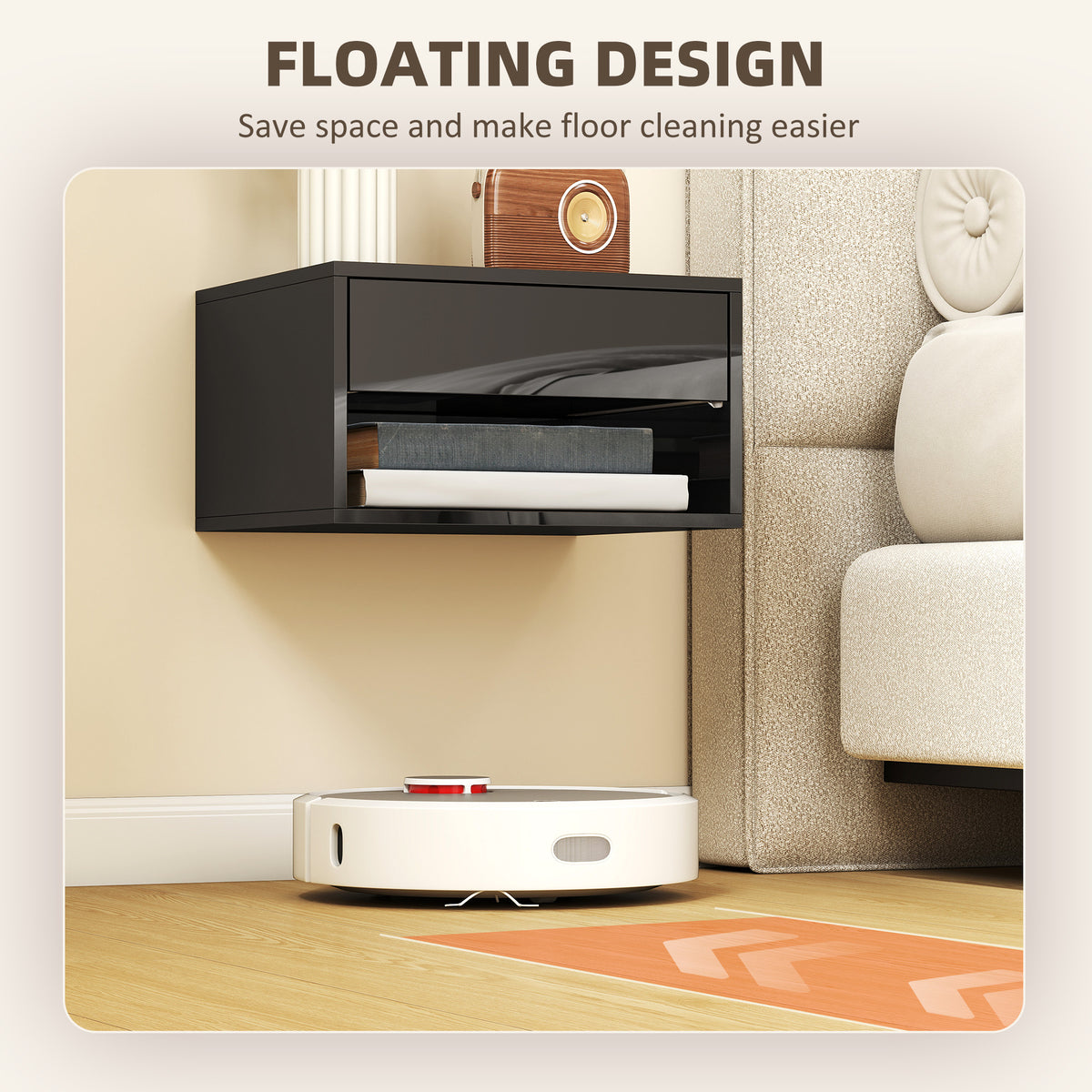 Glossy black floating nightstand with open shelf for books and slide-out drawer