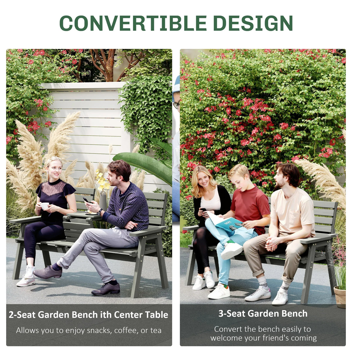 Grey fir wood convertible garden bench with center table, 2–3 seater slat design