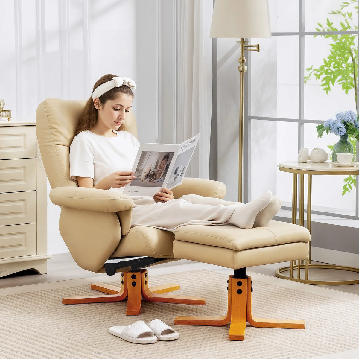 Beige PU leather swivel recliner chair with extended footrest and wood base