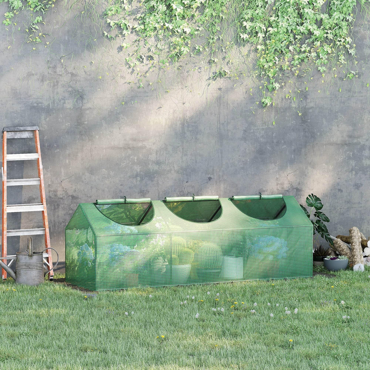 Mini greenhouse with green PE mesh cover and three roll-up window panels