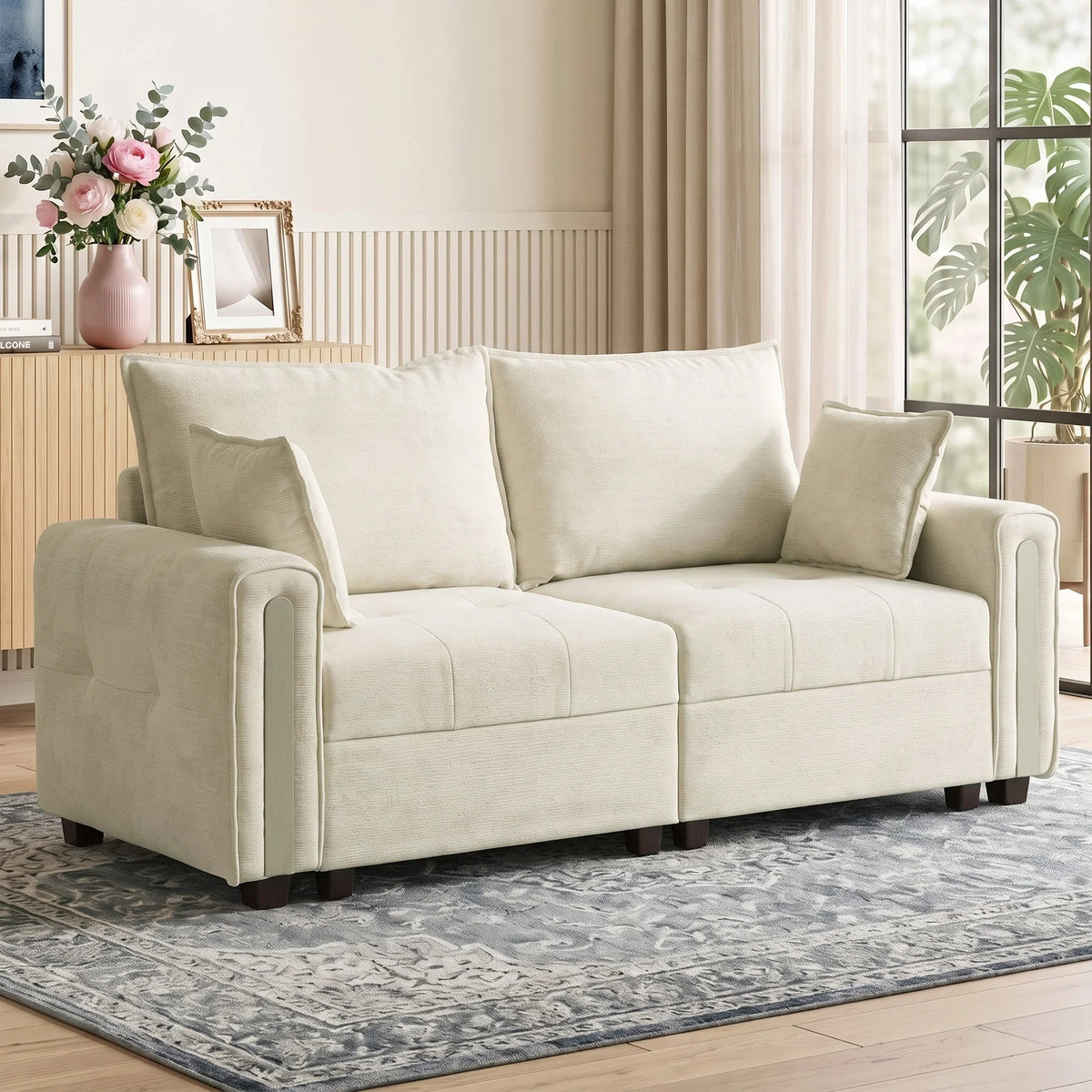 Beige velvet 2-seater loveseat with rolled arms, tufted seat cushions, and supportive back.