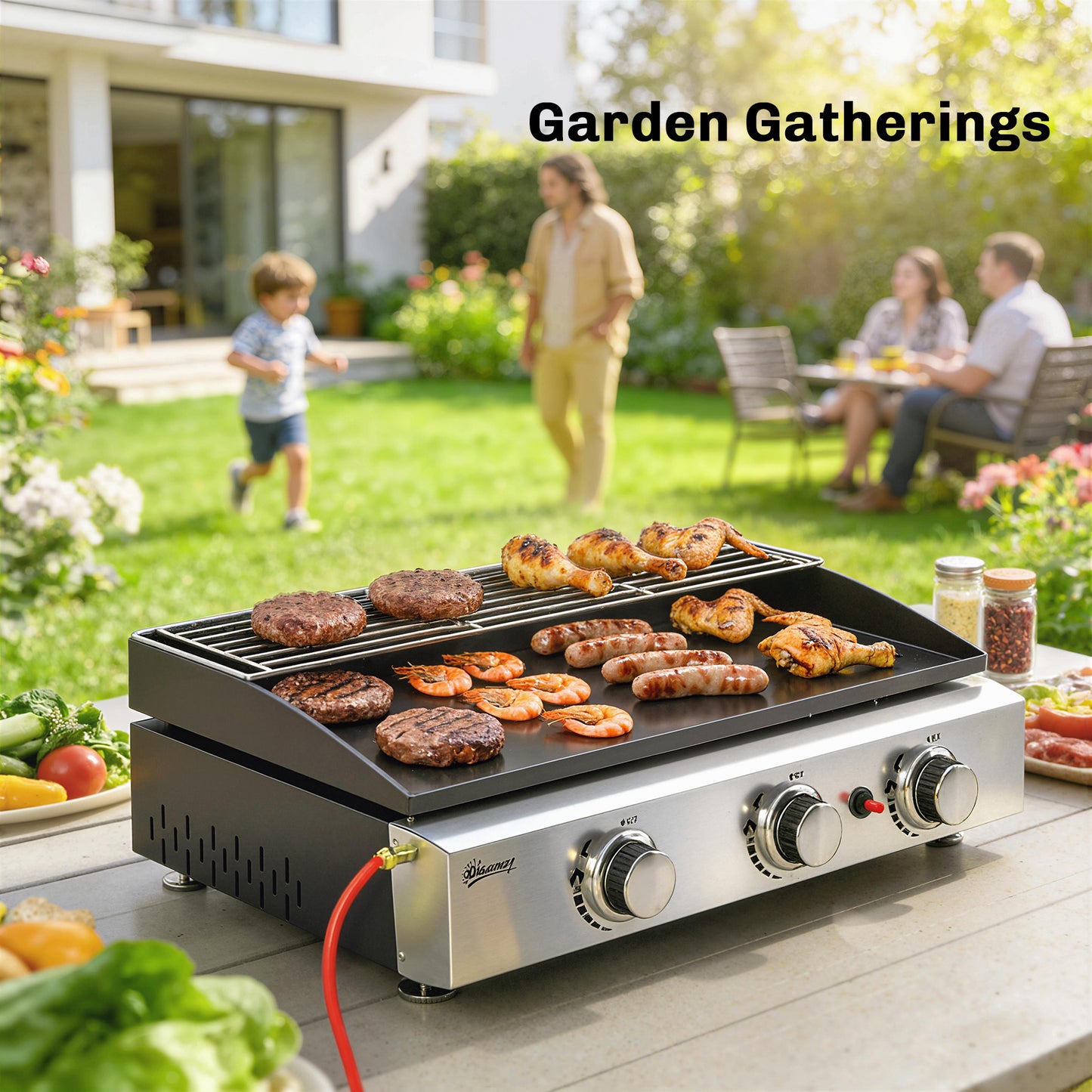 Outsunny 3 Burner Gas Grill Griddle Portable Plancha With Warming Rack And Grease Cup 7.5 Kilowatt Tabletop Black