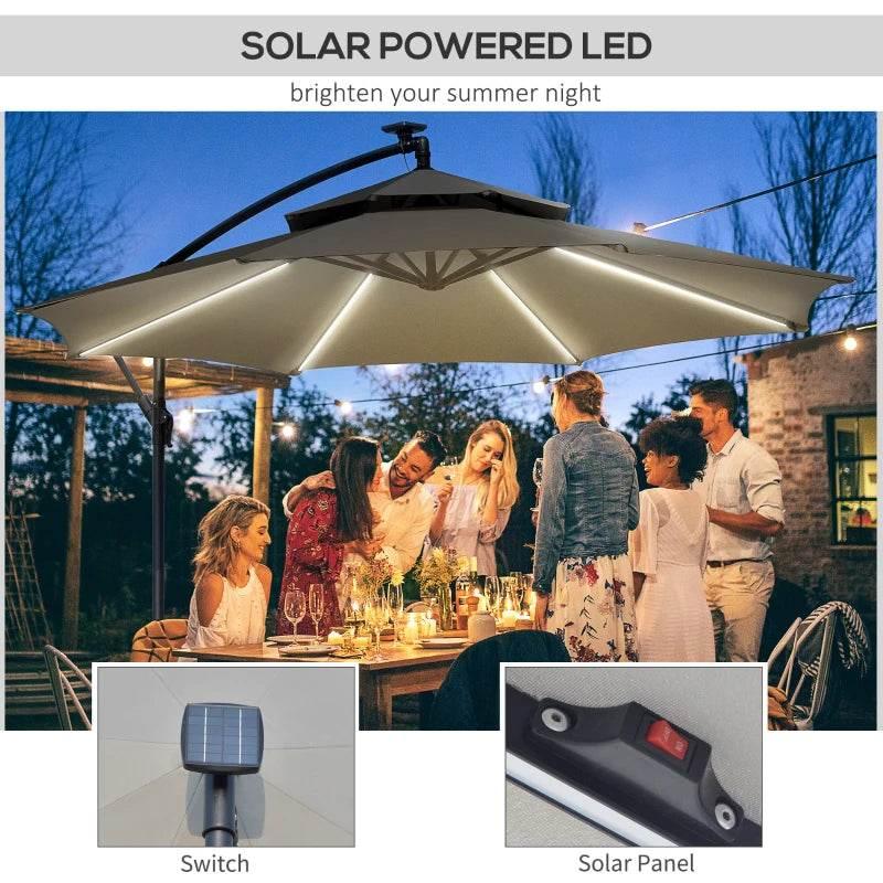 Light grey double-roof cantilever parasol with solar LED lights, solar panel and switch