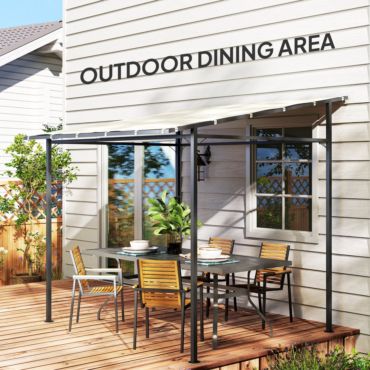 Outsunny 2.4x2.4m Wall Mounted Pergola Gazebo With PA Coated Fabric And Metal Frame Wind Resistant Shelter Cream White