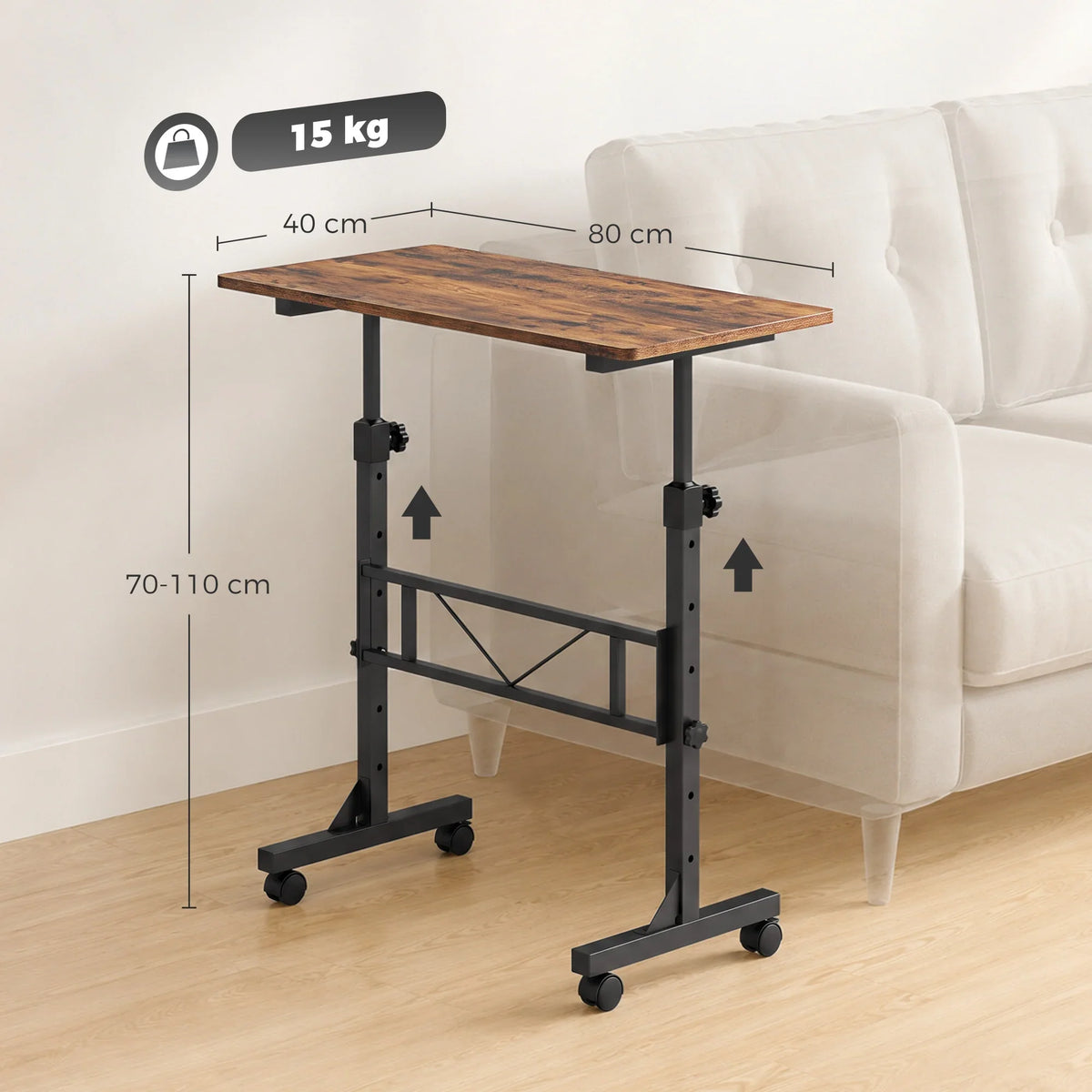 Adjustable overbed table with brown wood tabletop, black height supports, and wheels