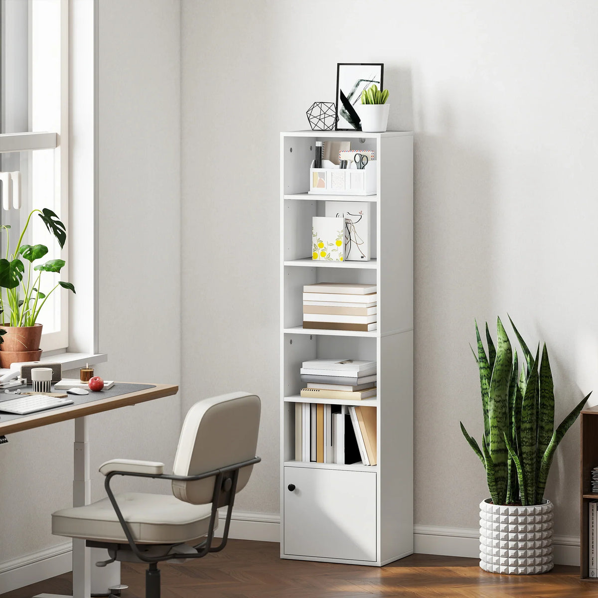 White 6-tier tall bookcase with open shelves and a lower cabinet door