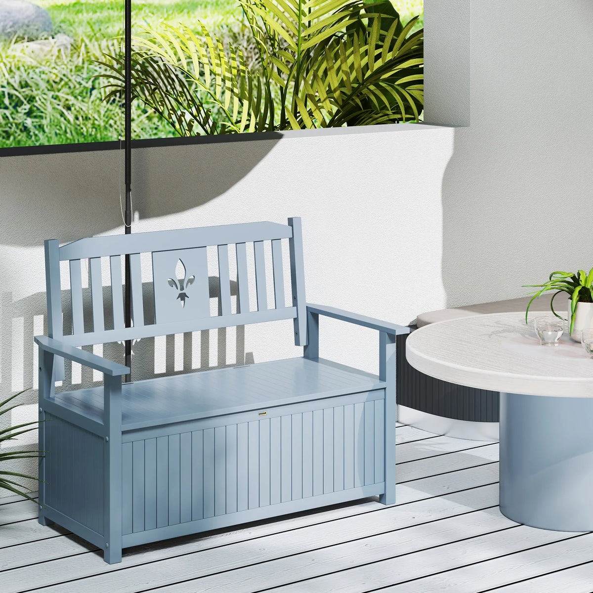 Grey slatted-back two-seat garden bench with open hinged underseat storage