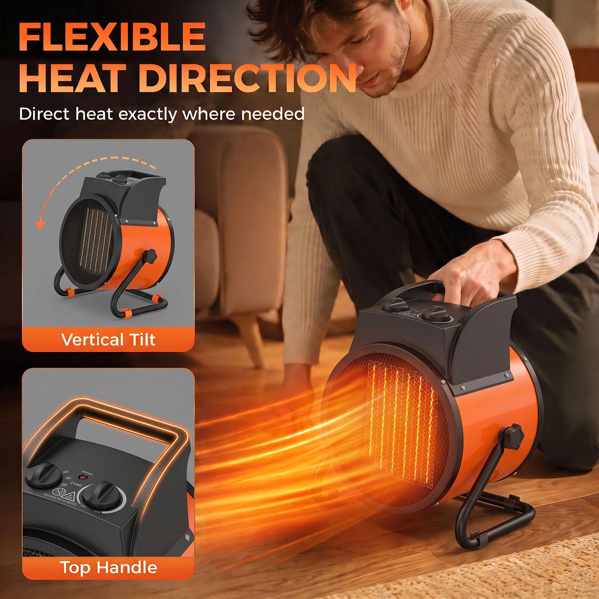 Electric ceramic heater with top handle and adjustable tilt, glowing heating element behind grille