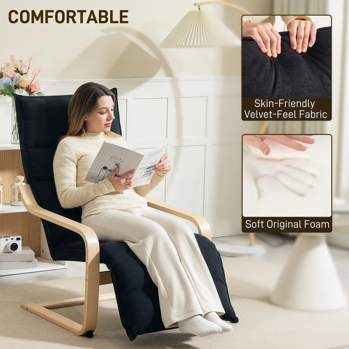 Black velvet accent rocking chair with curved birch base for reclining comfort