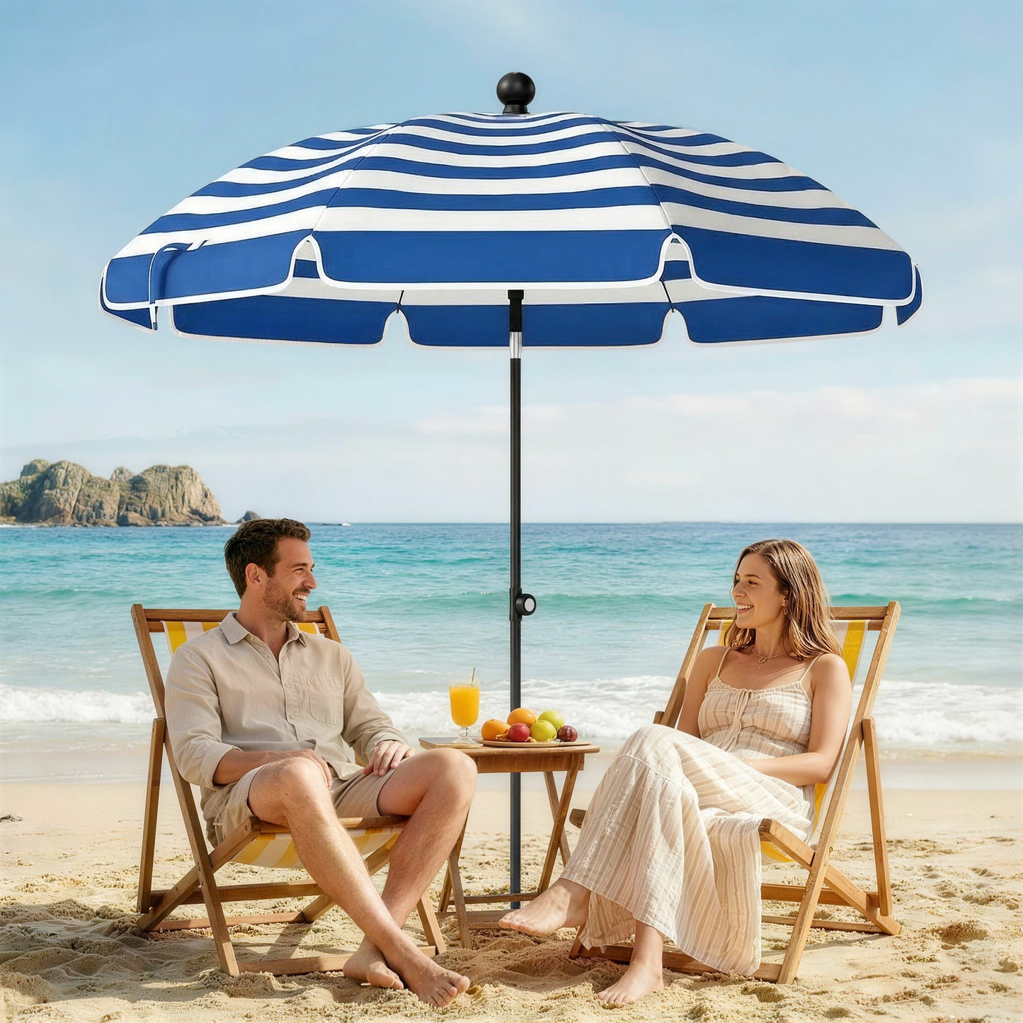 Outsunny 1.8 Meters Beach Umbrella With Sand Anchor Tilting 30 Degree Patio Sun Shade Adjustable Height Blue White